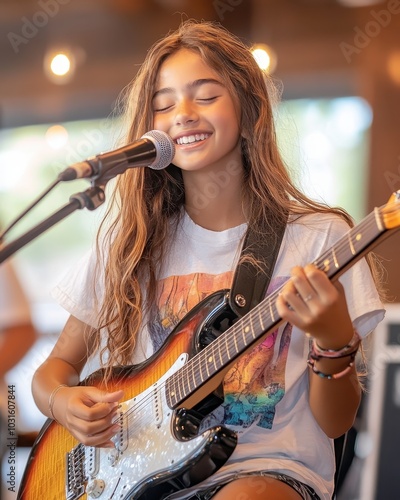 Joyful Teenage Girl Playing Guitar in Portrait photo