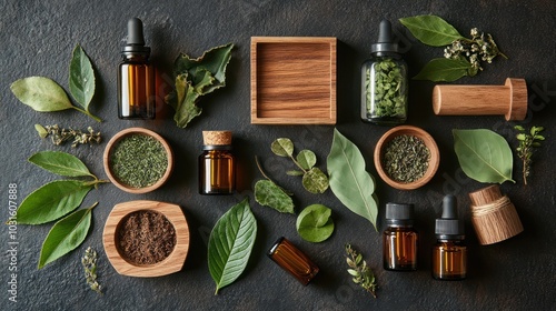 A flat lay of essential oils and dried herbs with wooden containers on a dark background.