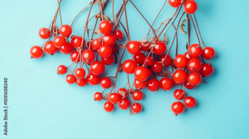 Red berries on a blue background composition. Flat lay photo - Red berries on a blue background composition. Flat lay photo -