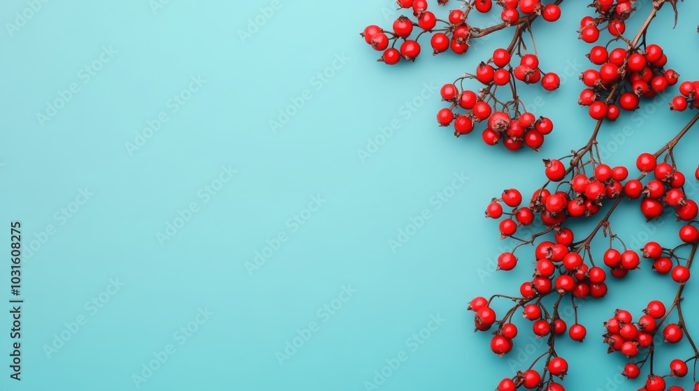 Red berries on a blue background composition. Flat lay photo - Red berries on a blue background composition. Flat lay photo -