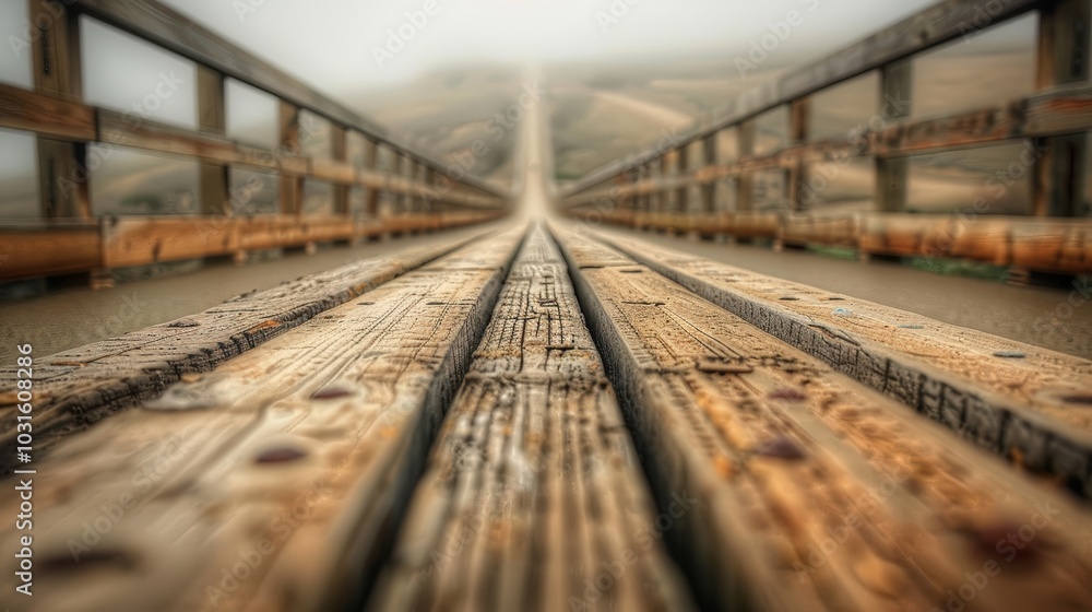 Foggy Wooden Bridge Perspective in Nature Foggy Wooden Bridge Perspective in Nature