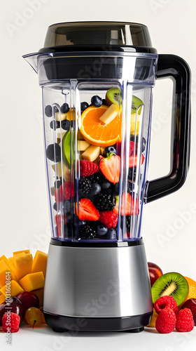 Close-up Photography Front View of  Fresh Colorful Mix of Fruits and Veggies in Blender on White Background. Perfect for a Healthy Eating Concept. Portrait for Mobile Wallpaper