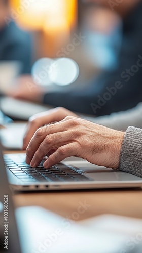 Close up hands and typing on laptop in office