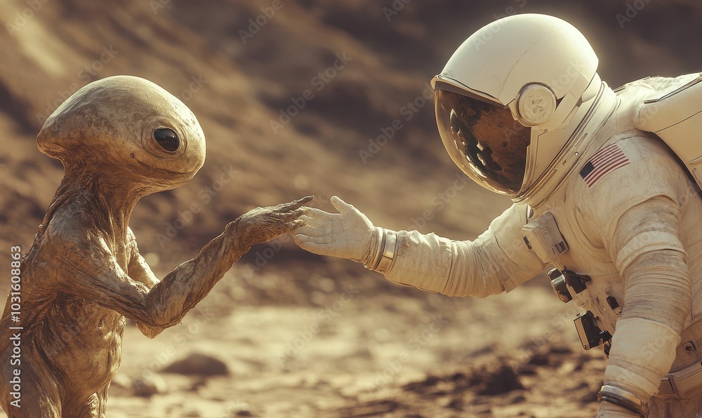 Obraz premium Alien and astronaut shaking hands.