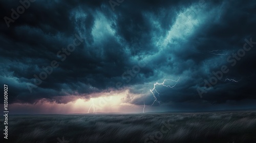 Dramatic storm clouds with lightning over a grassy field.