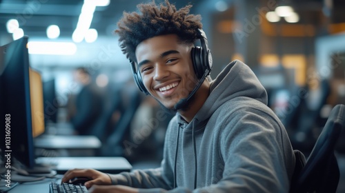 A young man wearing a hoodie and headset, smiling while using a computer in a modern workspace.