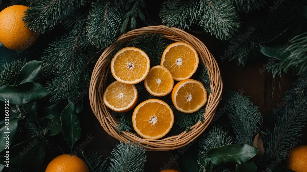 A basket filled with sliced oranges surrounded by pine branches. A basket filled with sliced oranges surrounded by pine branches.