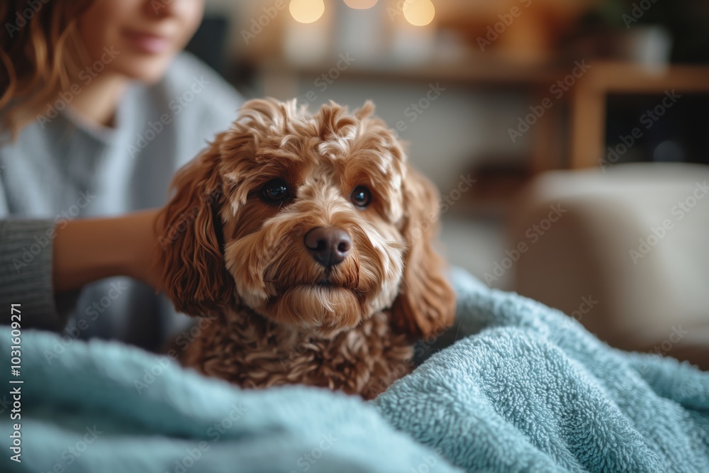 A woman gently brushes her dog's coat in a cozy living room setting. A woman gently brushes her dog's coat in a cozy living room setting.