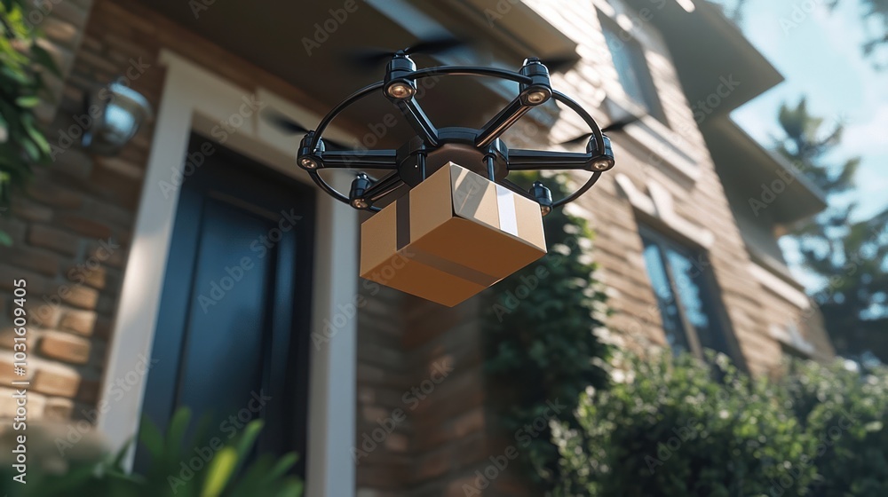 Drone delivering a package to a house with a brown brick exterior. Drone delivering a package to a house with a brown brick exterior.