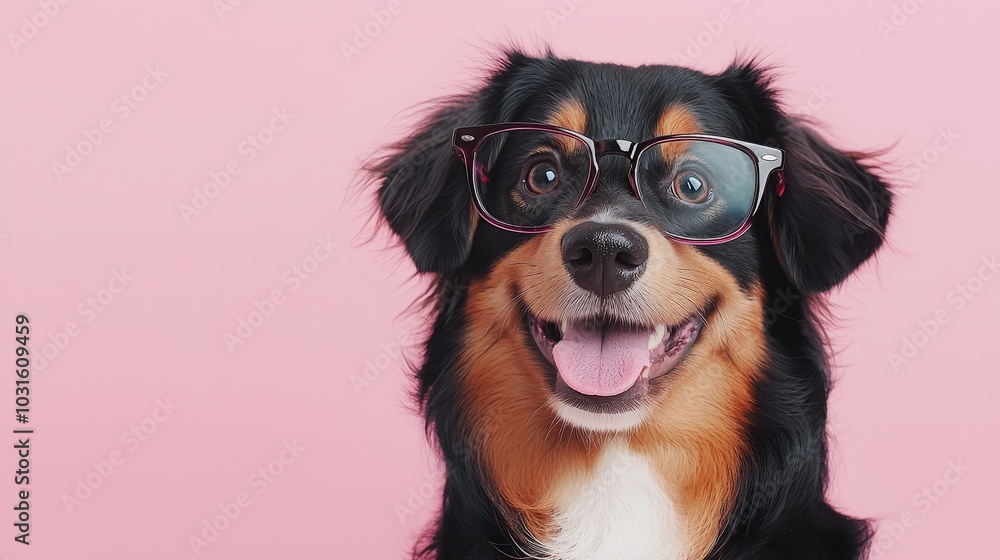 Happy Dog Wearing Glasses on Pink Background Pet Portrait Canine Animal Funny Happy Dog Wearing Glasses on Pink Background Pet Portrait Canine Animal Funny