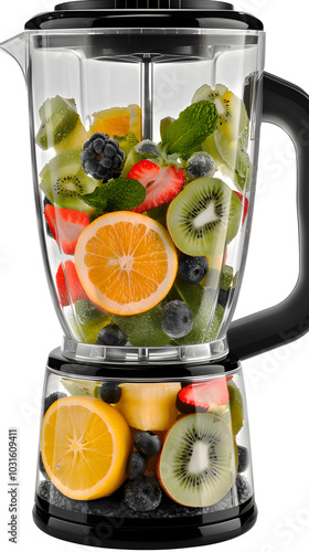 Close-up Photography Front View of  Fresh Colorful Mix of Fruits and Veggies in Blender on White Background. Perfect for a Healthy Eating Concept. Portrait for Mobile Wallpaper