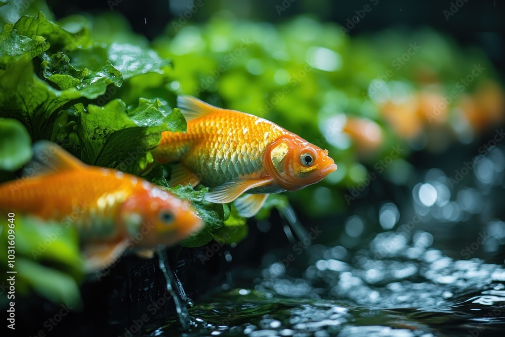 A group of goldfish swim through a tank filled with green plants and water. A group of goldfish swim through a tank filled with green plants and water.