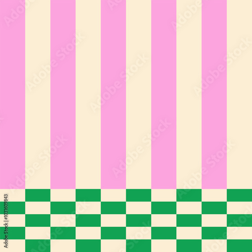 Abstract modern seamless green checkered pattern with vertical pink lines on light background, flat style