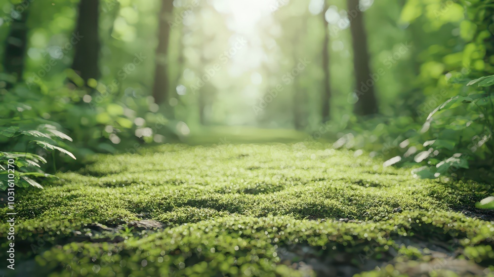 Tranquil forest path adorned with lush moss, sunlight gently filtering through the trees. Tranquil forest path adorned with lush moss, sunlight gently filtering through the trees.