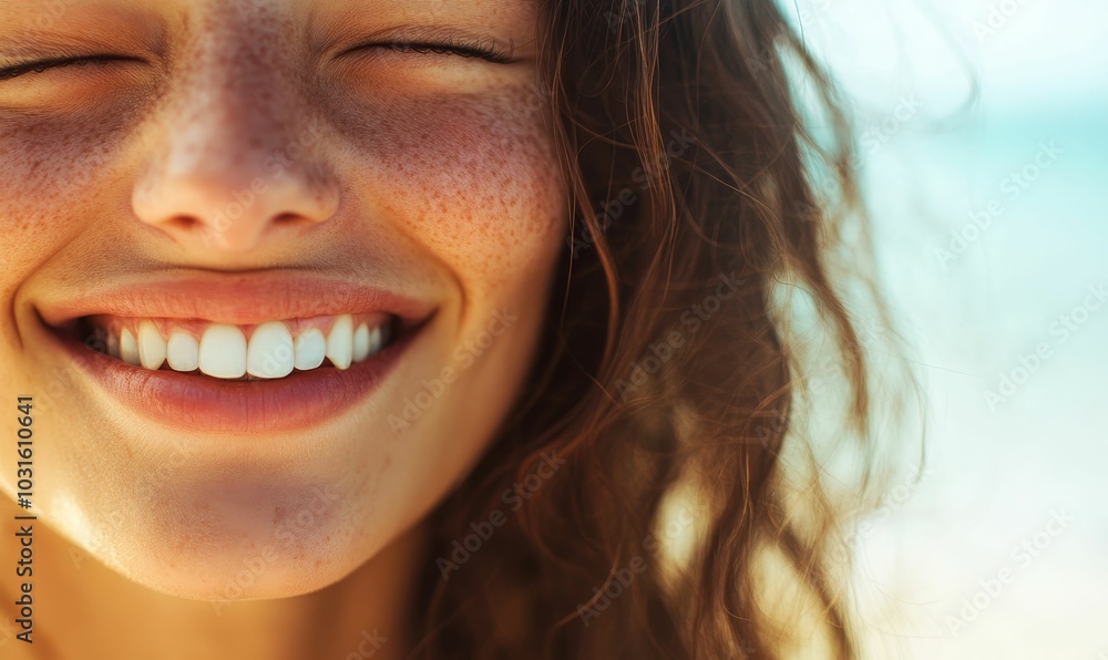 Close-up of woman smiling with eyes closed. Close-up of woman smiling with eyes closed.