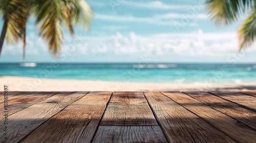 Serene Beach View with Palm Trees and Wooden Deck