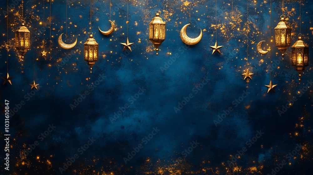 Ornate Islamic oriental style garland showcasing beautifully designed golden lanterns stars and moons ideal for celebrating Ramadan set against a rich deep blue background Ornate Islamic oriental style garland showcasing beautifully designed golden lanterns stars and moons ideal for celebrating Ramadan set against a rich deep blue background