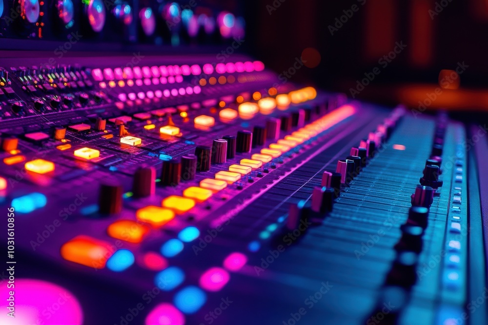 A colorful sound board with many buttons and knobs A colorful sound board with many buttons and knobs