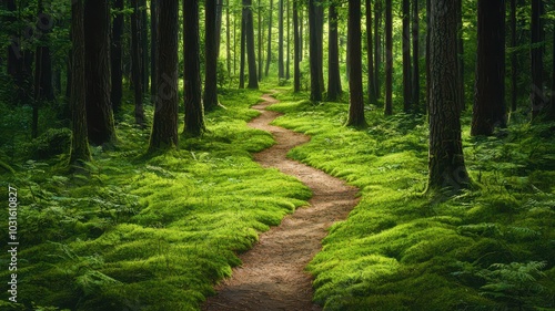 Tranquil forest path adorned with lush moss, sunlight gently filtering through the trees.