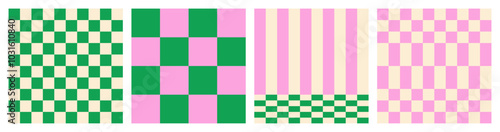 Set of abstract modern seamless green checkered and vertical striped patterns in pink and green color on light background, flat style