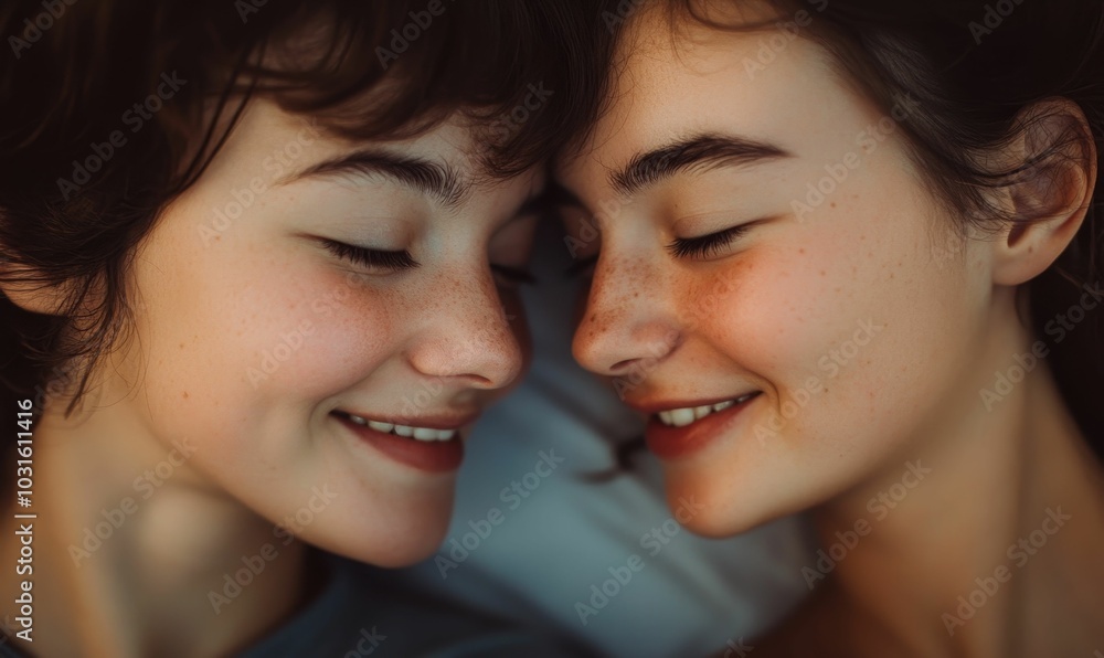 Two women smiling with eyes closed. Two women smiling with eyes closed.