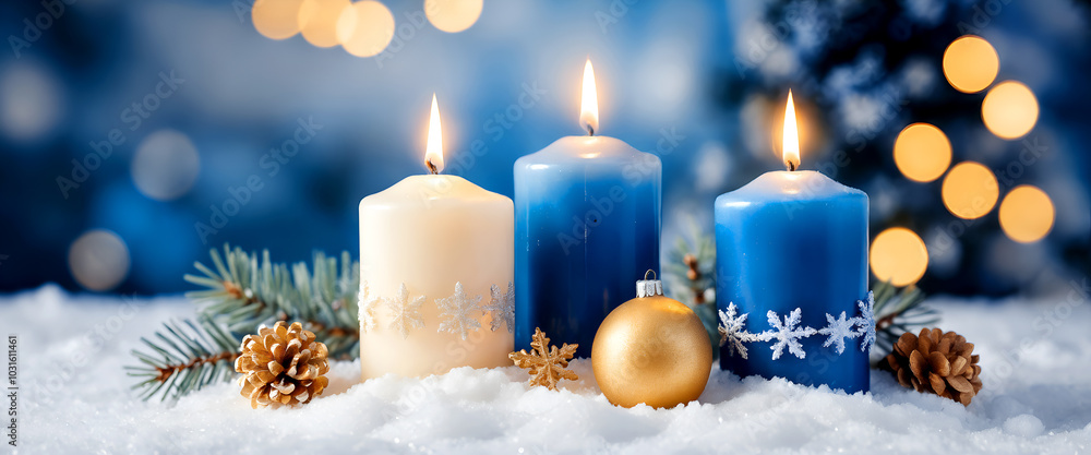 Christmas decoration with candles and blur bokeh light in the background
Christmas decoration with candles and blur bokeh light in the background