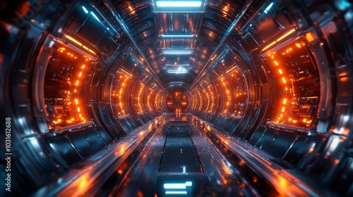 A high-tech tunnel with glowing amber spheres, sleek mirrored surfaces reflecting light, and a perfectly aligned symmetrical structure, evoking a sci-fi atmosphere