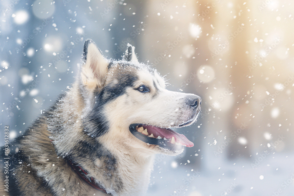 portrait of husky dog over winter background portrait of husky dog over winter background