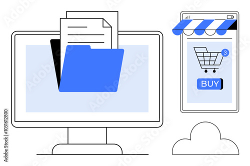 Computer with folders and documents, smartphone displaying online shopping cart, and cloud icon. Ideal for online shopping, digital document management, cloud storage, e-commerce, mobile commerce