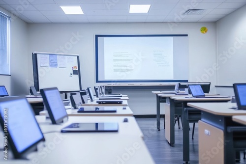 Wallpaper Mural Empty classroom with laptops and projector screen. Torontodigital.ca