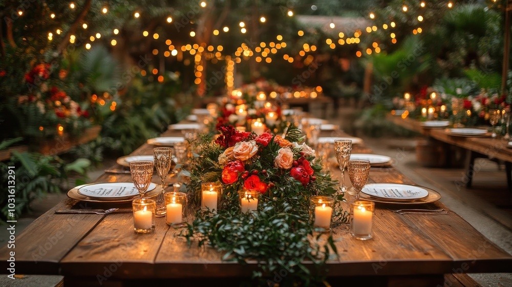A long wooden table with candles and flowers is set for a romantic outdoor dinner party. A long wooden table with candles and flowers is set for a romantic outdoor dinner party.