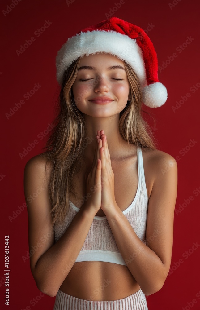 Girl in Santa Hat Doing Yoga on Red Background