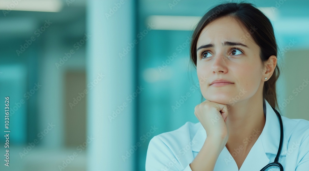 Smiling dreamy pensive young female doctor in white medical uniform look in distance. Medical worker thinking or pondering, planning future career or success in medicine scratching chin. Smiling dreamy pensive young female doctor in white medical uniform look in distance. Medical worker thinking or pondering, planning future career or success in medicine scratching chin.