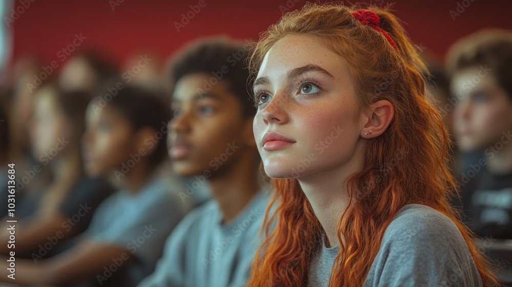 A young woman with red hair looks attentively at the speaker during a lecture. She sits among other students in a classroom or auditorium. A young woman with red hair looks attentively at the speaker during a lecture. She sits among other students in a classroom or auditorium.