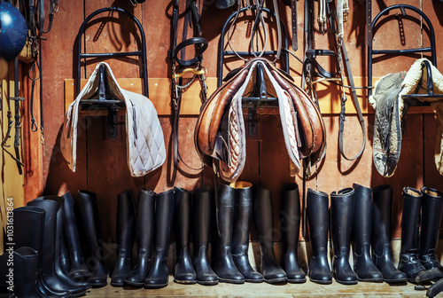 Saddles, boots and other professional riding equipment. Sport and recreation concept