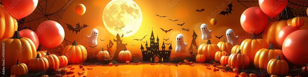 A festive Halloween scene with glowing jack o lanterns, red balloons, and a haunted castle in the background under a full moon
A festive Halloween scene with glowing jack o lanterns, red balloons, and a haunted castle in the background under a full moon