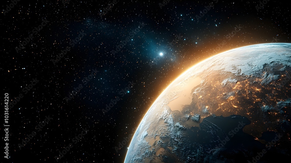 Naklejka premium Captivating view of the Earth seen from the vastness of space with the mesmerizing Comet C2023 A3 visible in the distant cosmic backdrop
