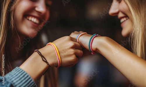 Two women smiling with colorful bracelets.