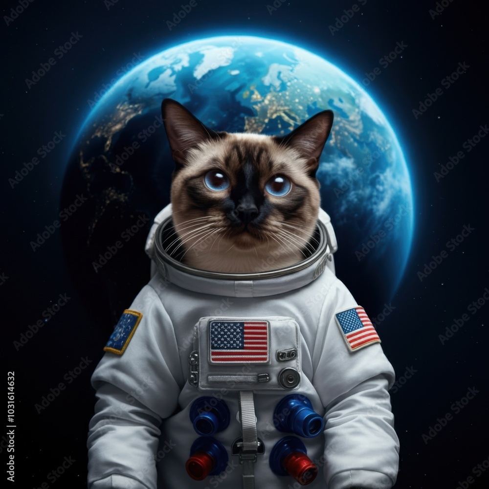 Cat in a space suit. Earth behind the cat Cat in a space suit. Earth behind the cat