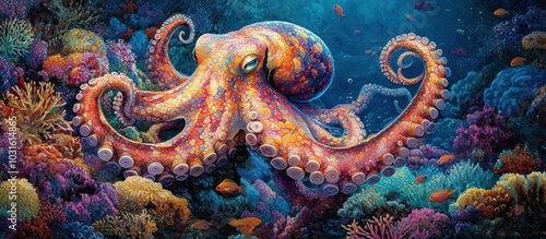 A vibrant octopus with colorful spots and stripes swims through a coral reef.