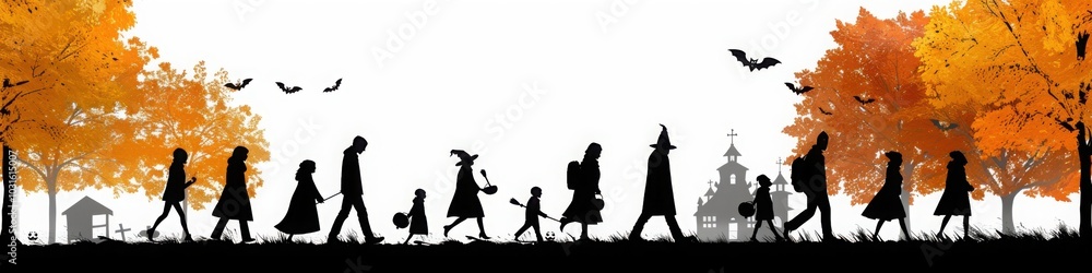 A group of people walking in silhouette with trick or treat buckets under autumn trees and a Halloween atmosphere, with bats flying in the sky
A group of people walking in silhouette with trick or treat buckets under autumn trees and a Halloween atmosphere, with bats flying in the sky