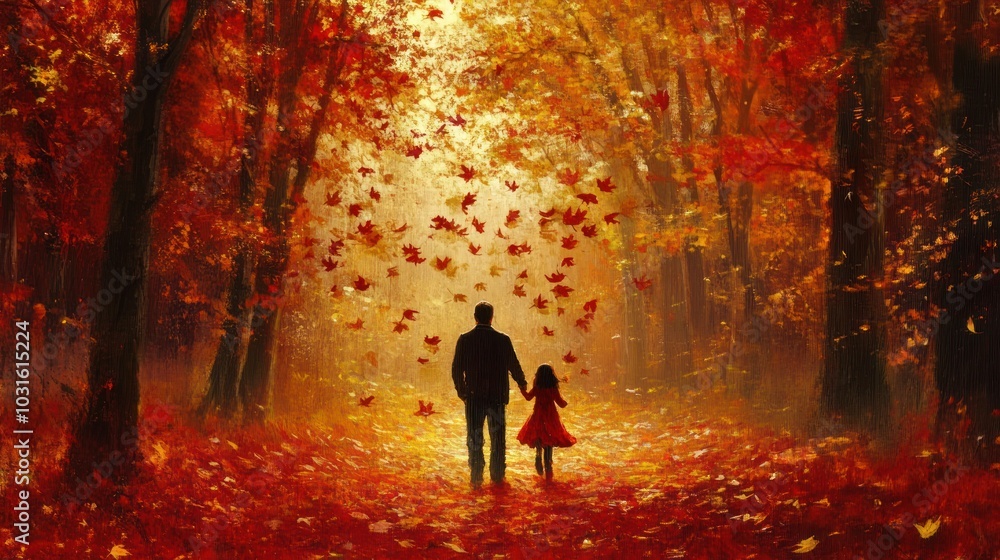 A serene autumn scene of a parent and child walking together amidst falling leaves. A serene autumn scene of a parent and child walking together amidst falling leaves.