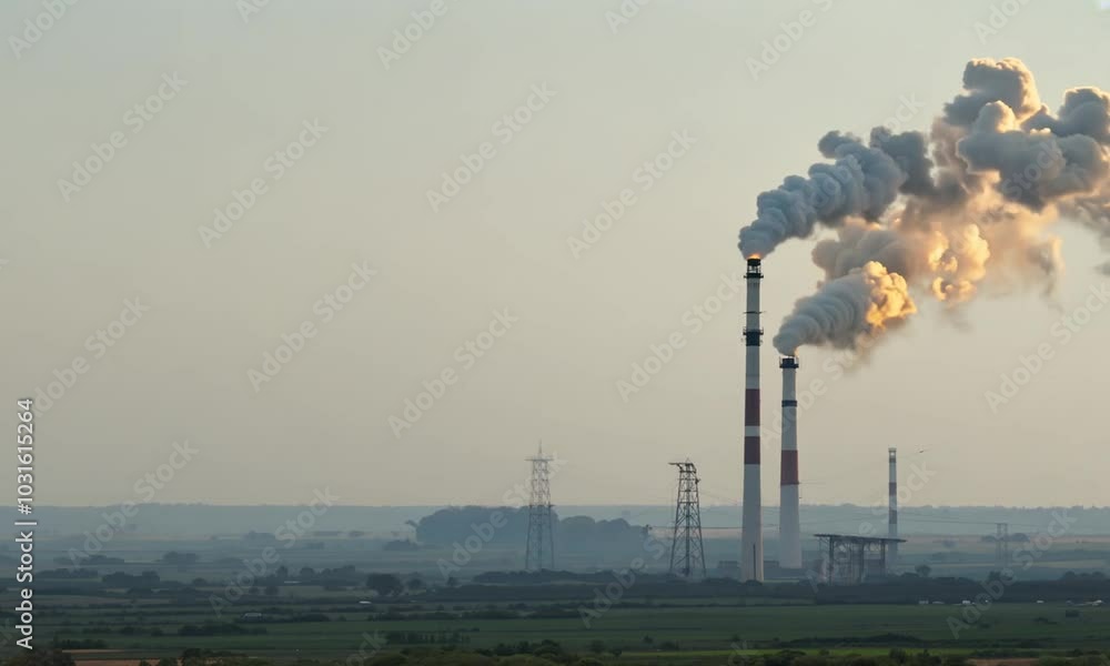 Tall smokestacks emitting smoke into the air, with a hazy landscape in the background. Tall smokestacks emitting smoke into the air, with a hazy landscape in the background.