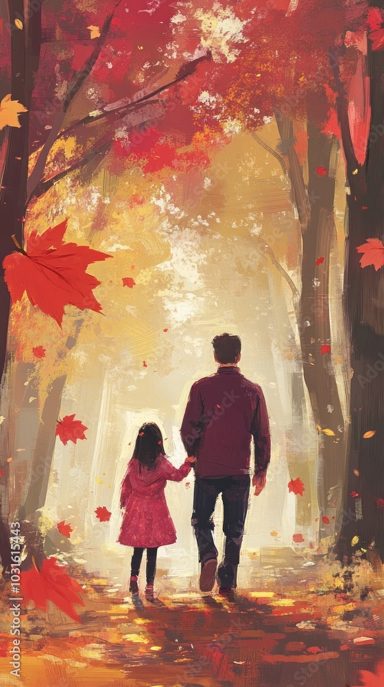 A father and daughter walking through a colorful autumn forest. A father and daughter walking through a colorful autumn forest.