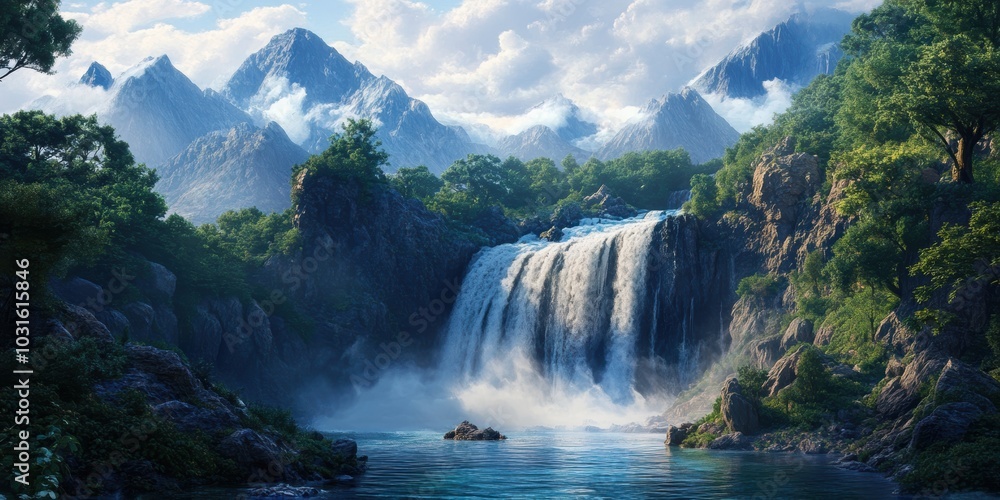 Fototapeta premium Misty waterfall cascades into a lake surrounded by mountains.