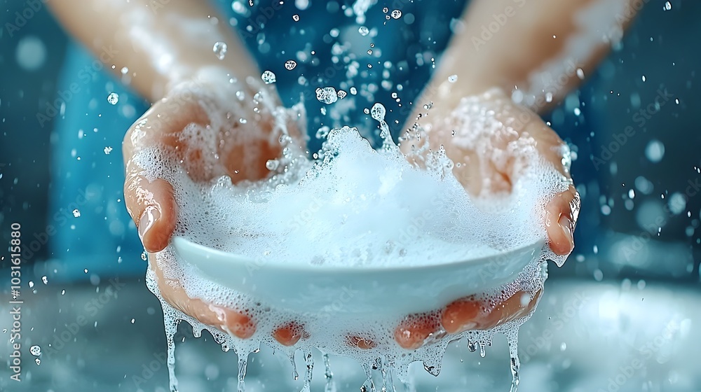 Fototapeta premium Close up view of a person s hands thoroughly washing a ceramic or glass plate under running water creating soap suds and bubbles Concept of daily household chores hygiene