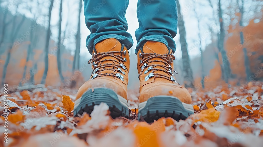 Close up view of hiking boots stepping through crunchy fallen leaves on a winding forest trail Autumn landscape with lush green trees and a peaceful natural atmosphere Close up view of hiking boots stepping through crunchy fallen leaves on a winding forest trail Autumn landscape with lush green trees and a peaceful natural atmosphere