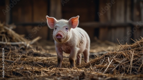 A small pink piglet stands in a pile of straw in a barn.