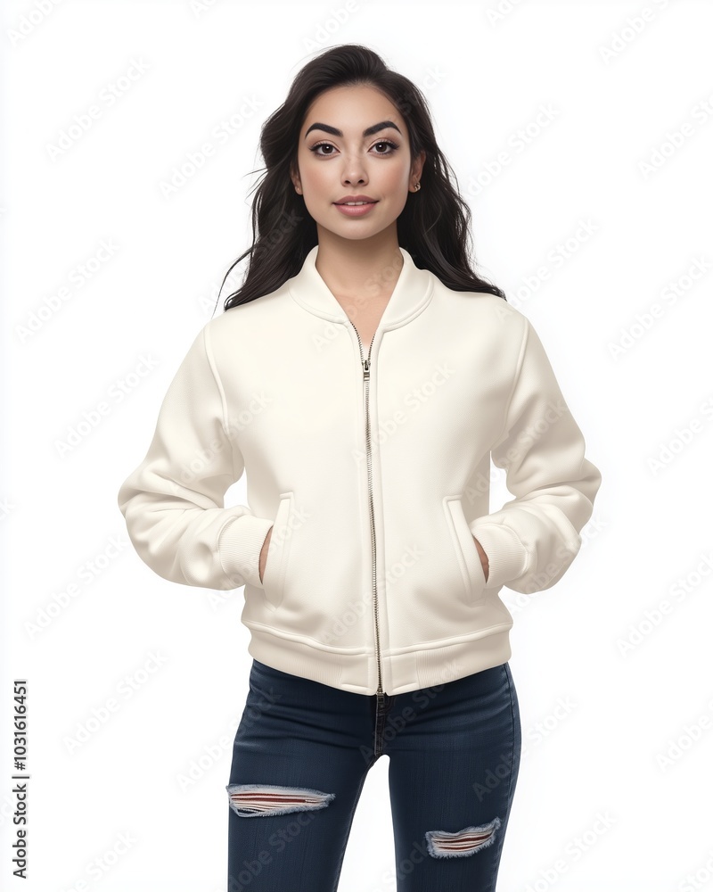 Confident Woman in White Bomber Jacket and Ripped Jeans, Casual Fashion for Everyday Street Style, Modern Urban Look with Minimalist Design, Studio Shot for Youthful and Trendy Fashion Concepts Confident Woman in White Bomber Jacket and Ripped Jeans, Casual Fashion for Everyday Street Style, Modern Urban Look with Minimalist Design, Studio Shot for Youthful and Trendy Fashion Concepts