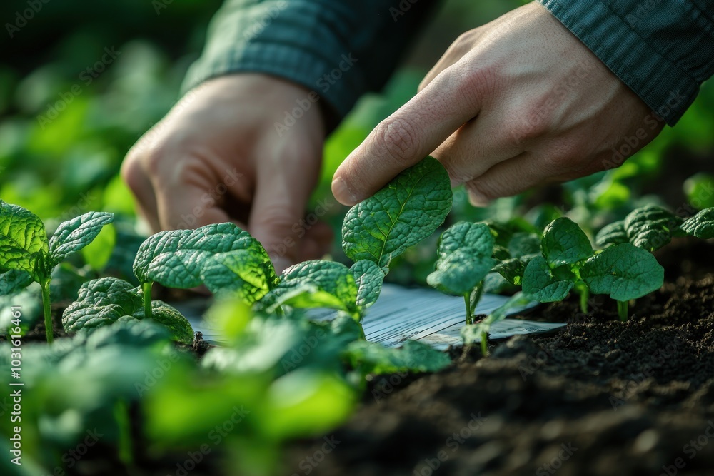 Close-up of a farmer's hands tending to young, green seedlings in a field. Close-up of a farmer's hands tending to young, green seedlings in a field.